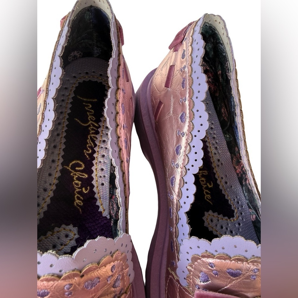 Irregular Choice Pink Metallic Bow Loafers Lavender Scallop Trim US 12 NWOT - Picture 6 of 14